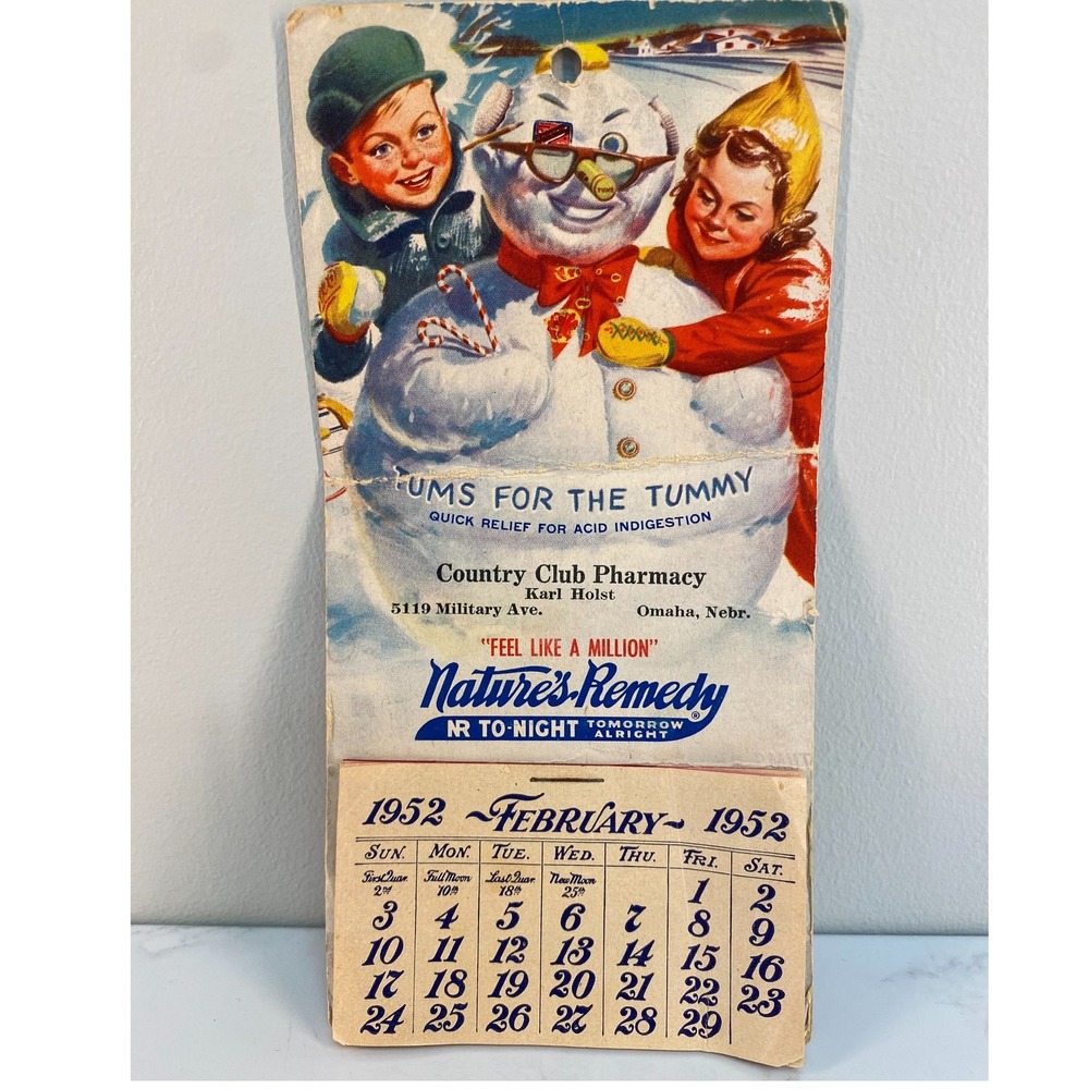 VTG 1952‎ Tums Colorful Creepy Snowman Pharmacy Advertising Calendar Omaha EUC